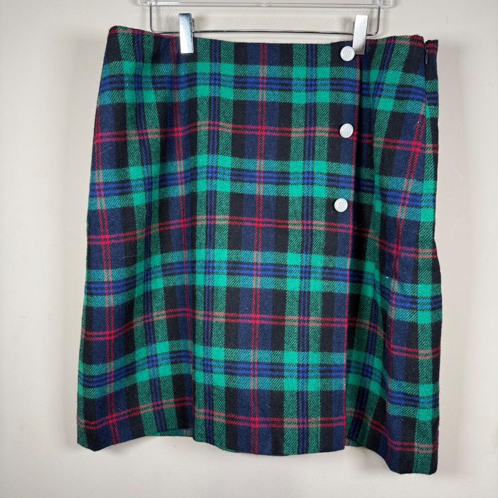 Talbots Green/Blue/Red Plaid Wool Blend A-Line Skirt Size 14 Office Career